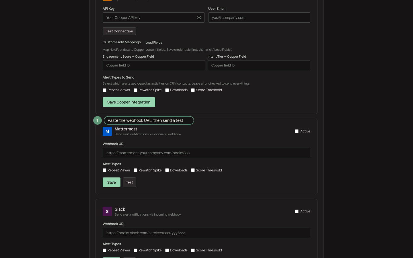 Settings Integrations with a Mattermost webhook URL field, alert type checkboxes, and a Test button