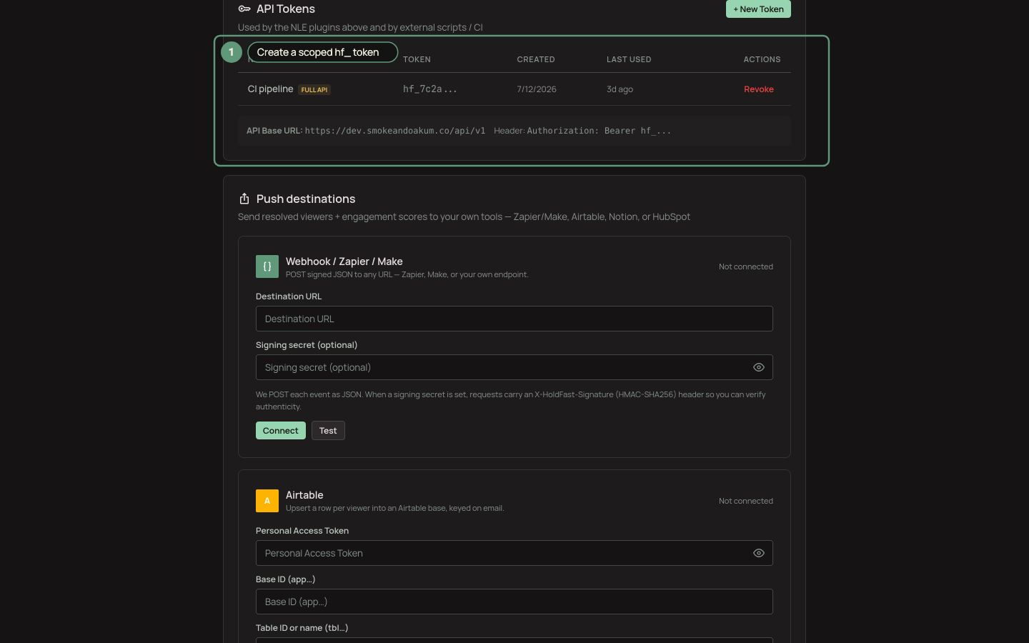 The API tokens screen with a create button