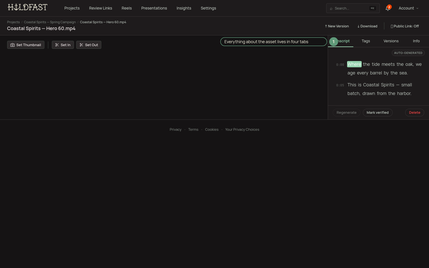 The asset review page with the video player on the left and the right pad open on the Transcript tab