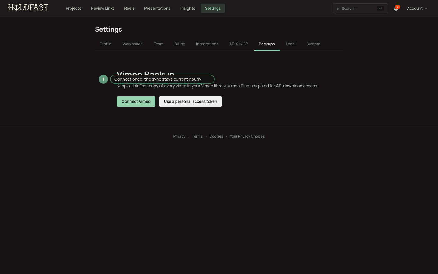 The Backups page with Vimeo connected, showing sync progress and the destination project