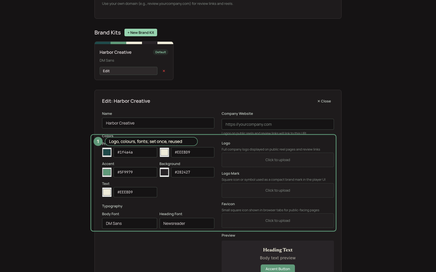 The reel branding sidebar with logo and colour controls