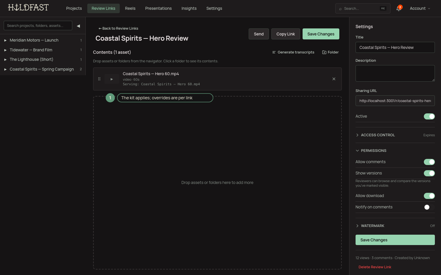 The Watermark section of review link settings with mode and policy controls