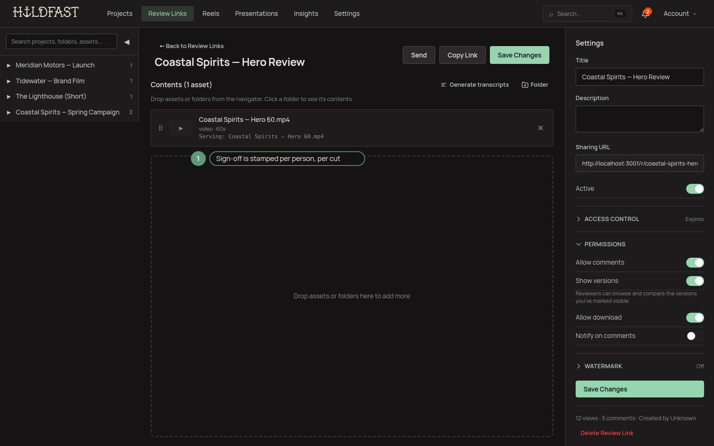 The Approve button under the player on a public review page, turned green after approval