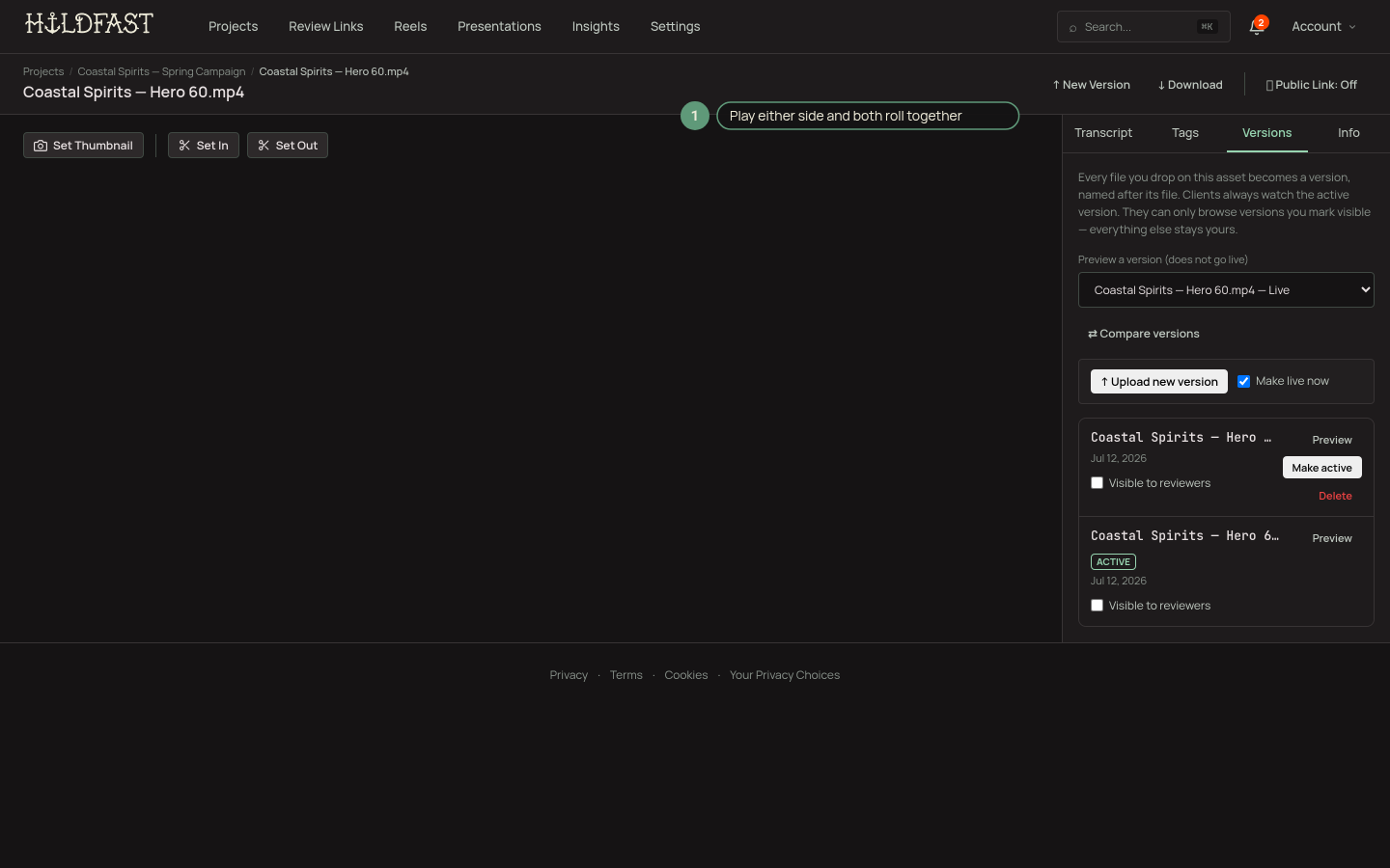 The full-screen Compare view on a public review page with two cuts playing side by side