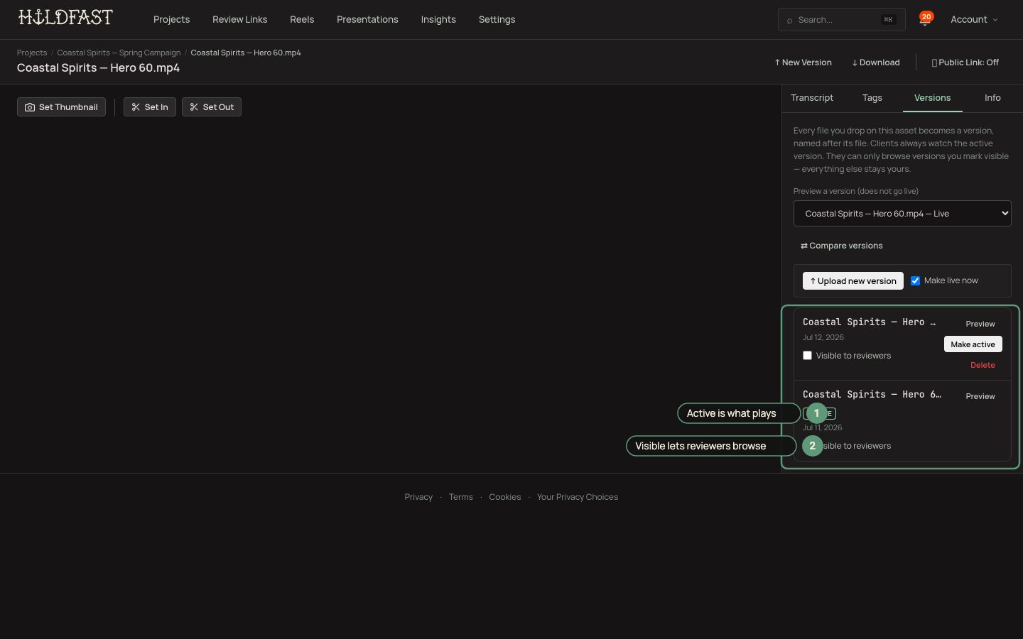 Version history panel with the Visible to reviewers toggle and Make active