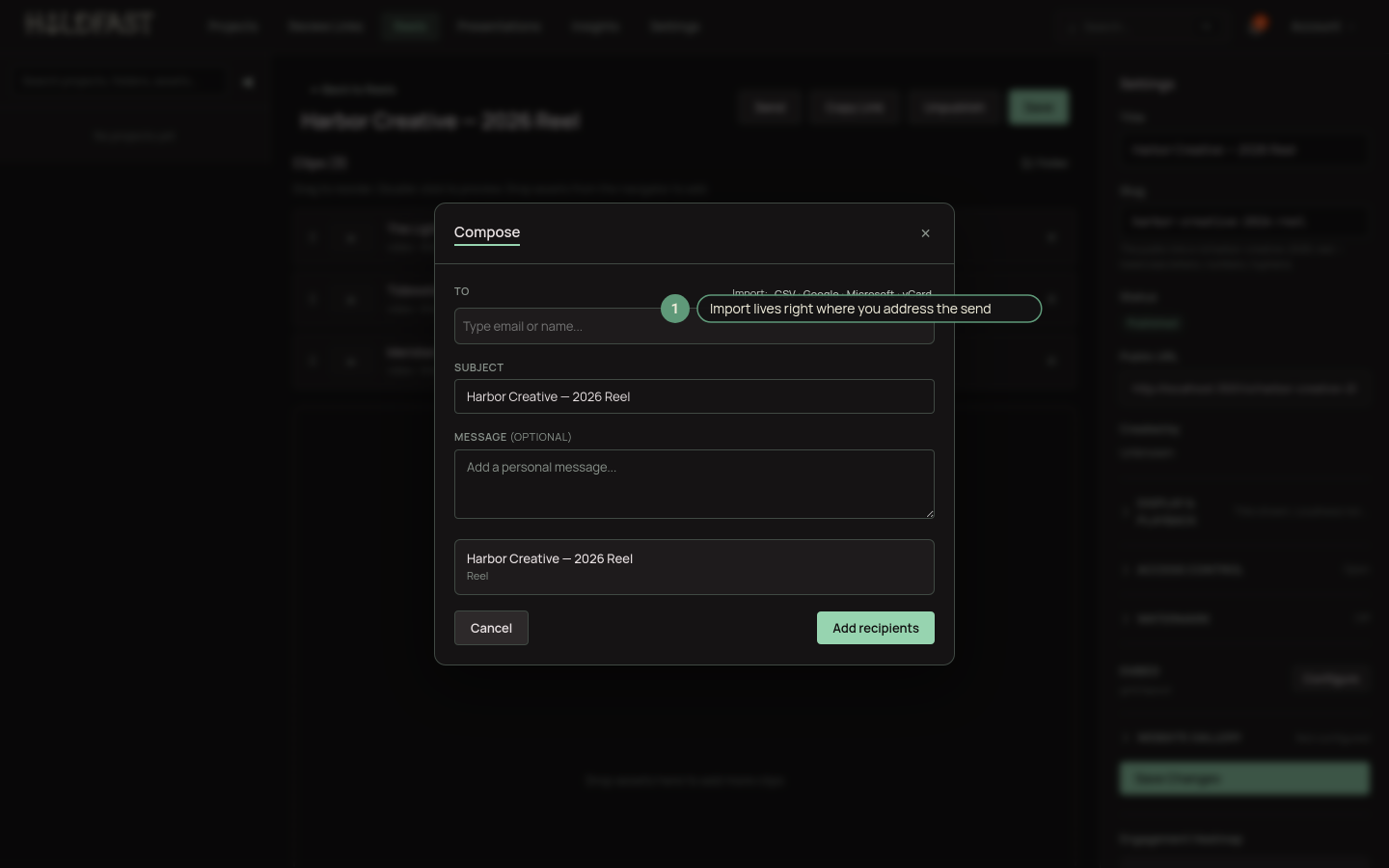 The Send modal To field with the import row showing CSV, Google, Microsoft, and vCard options