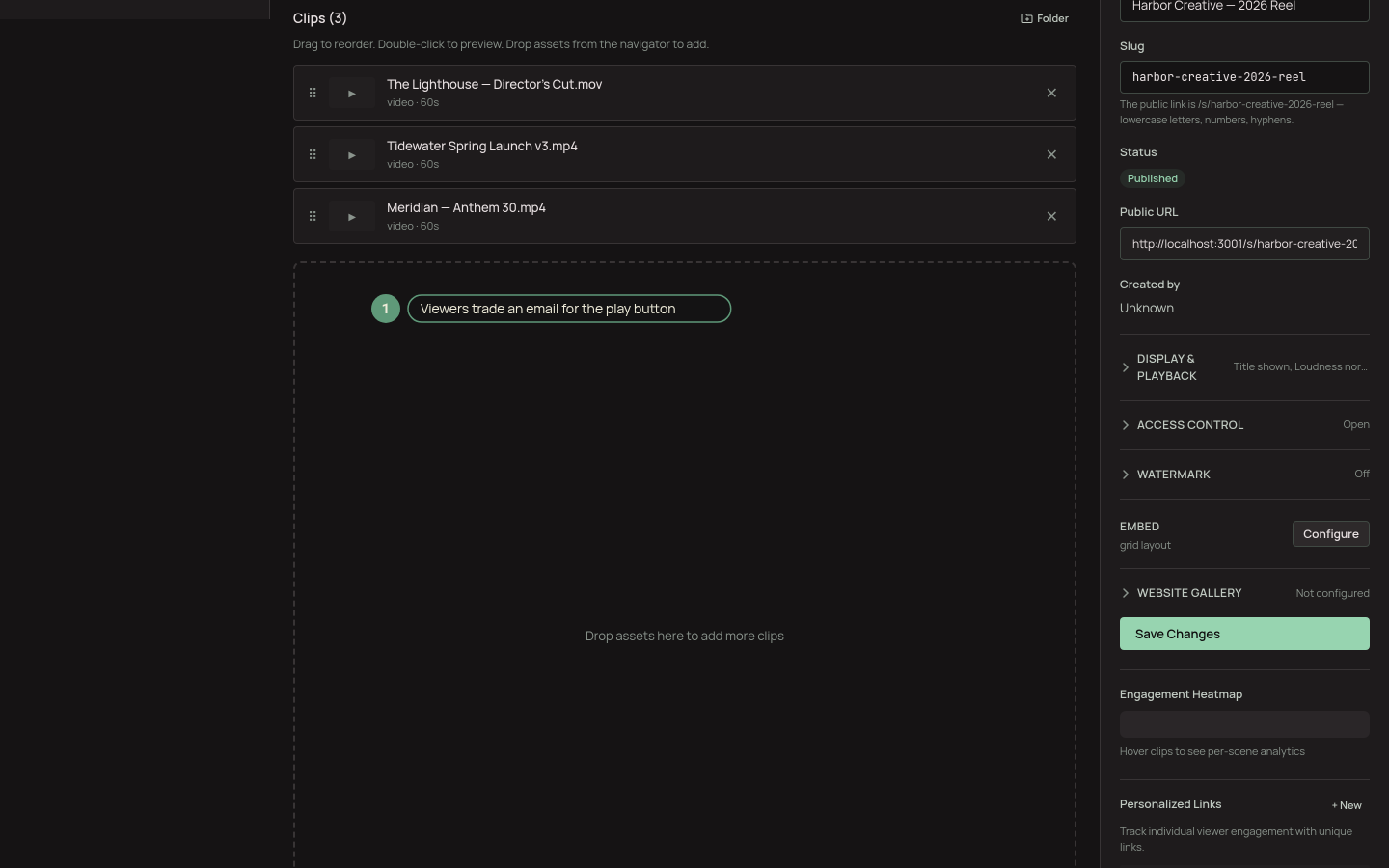 The Access Control section of the reel editor with Require email to view ticked