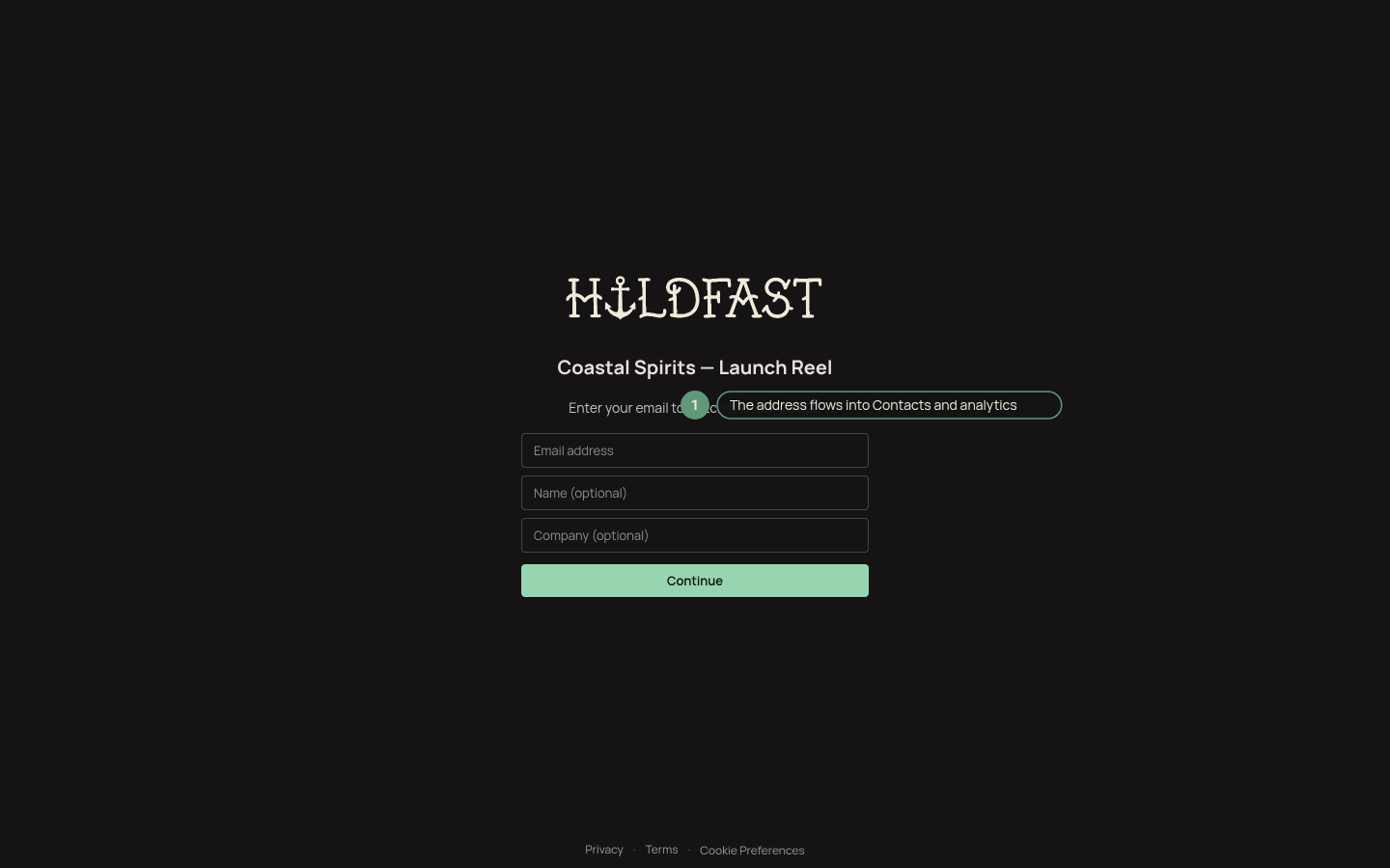 A branded email gate on a public reel asking for email, name, and company