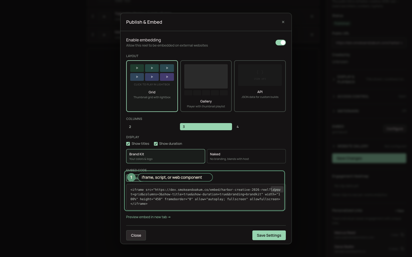 The embed modal with iframe / script / web-component format tabs