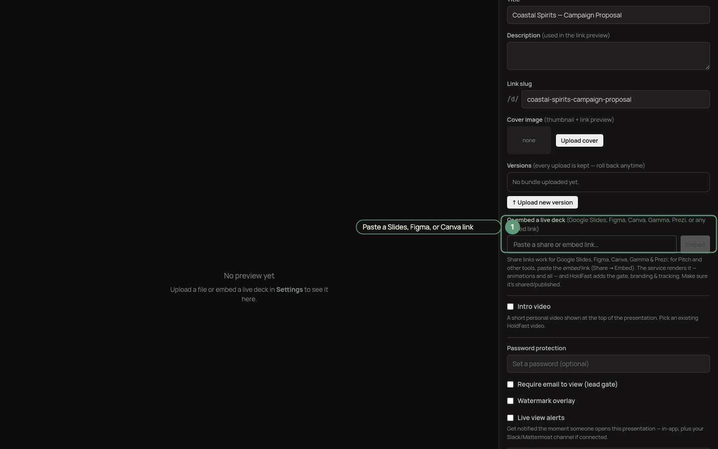 The Or embed a live deck field with a pasted link
