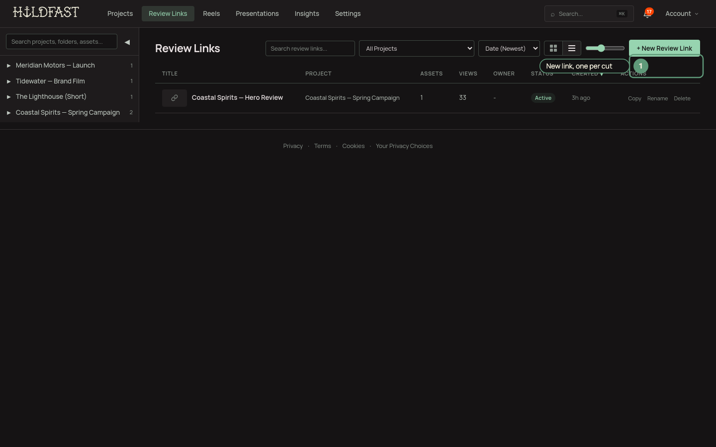 The New Review Link dialog with the asset picker open