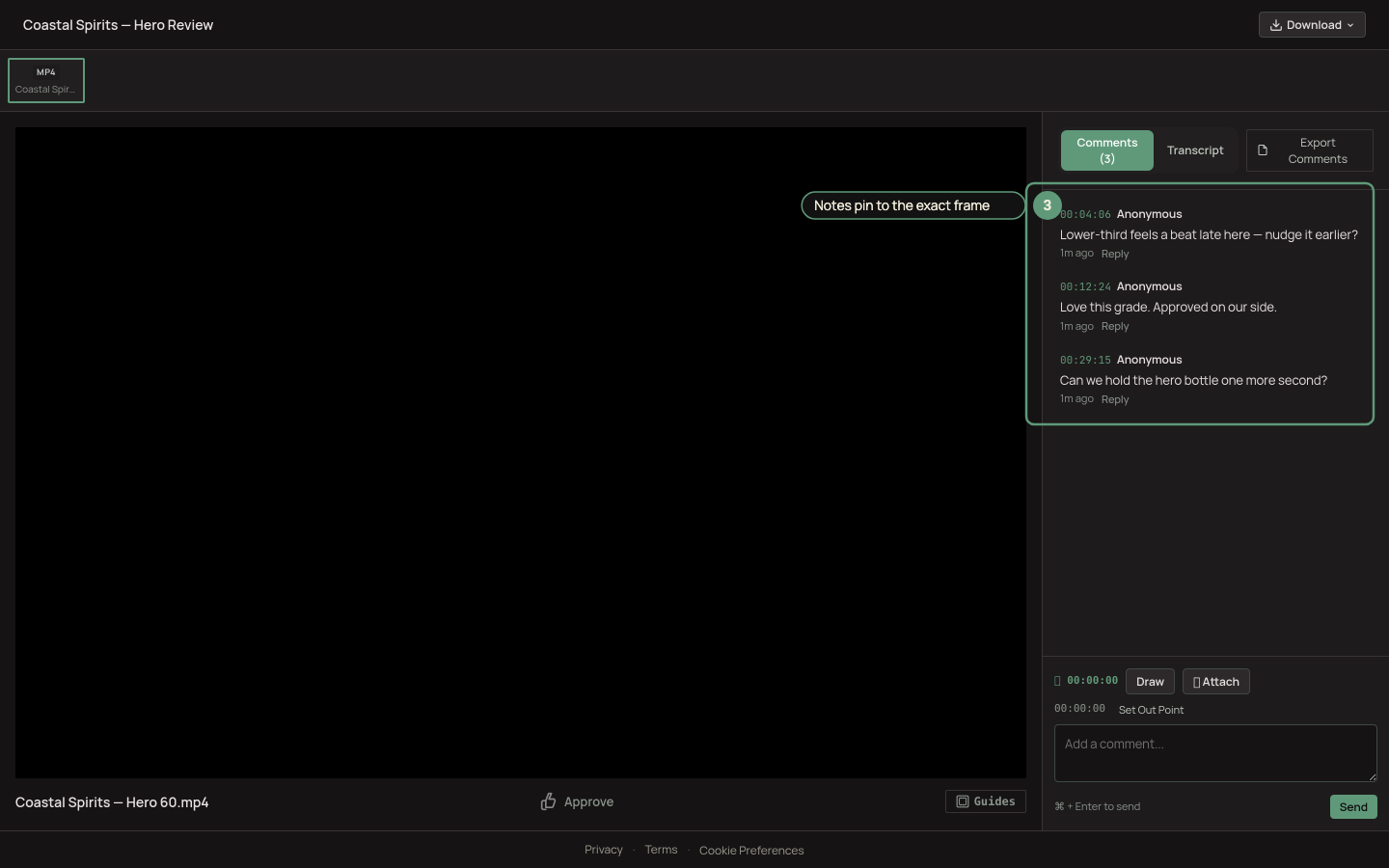 A reviewer's public review page with a timecoded comment on the timeline