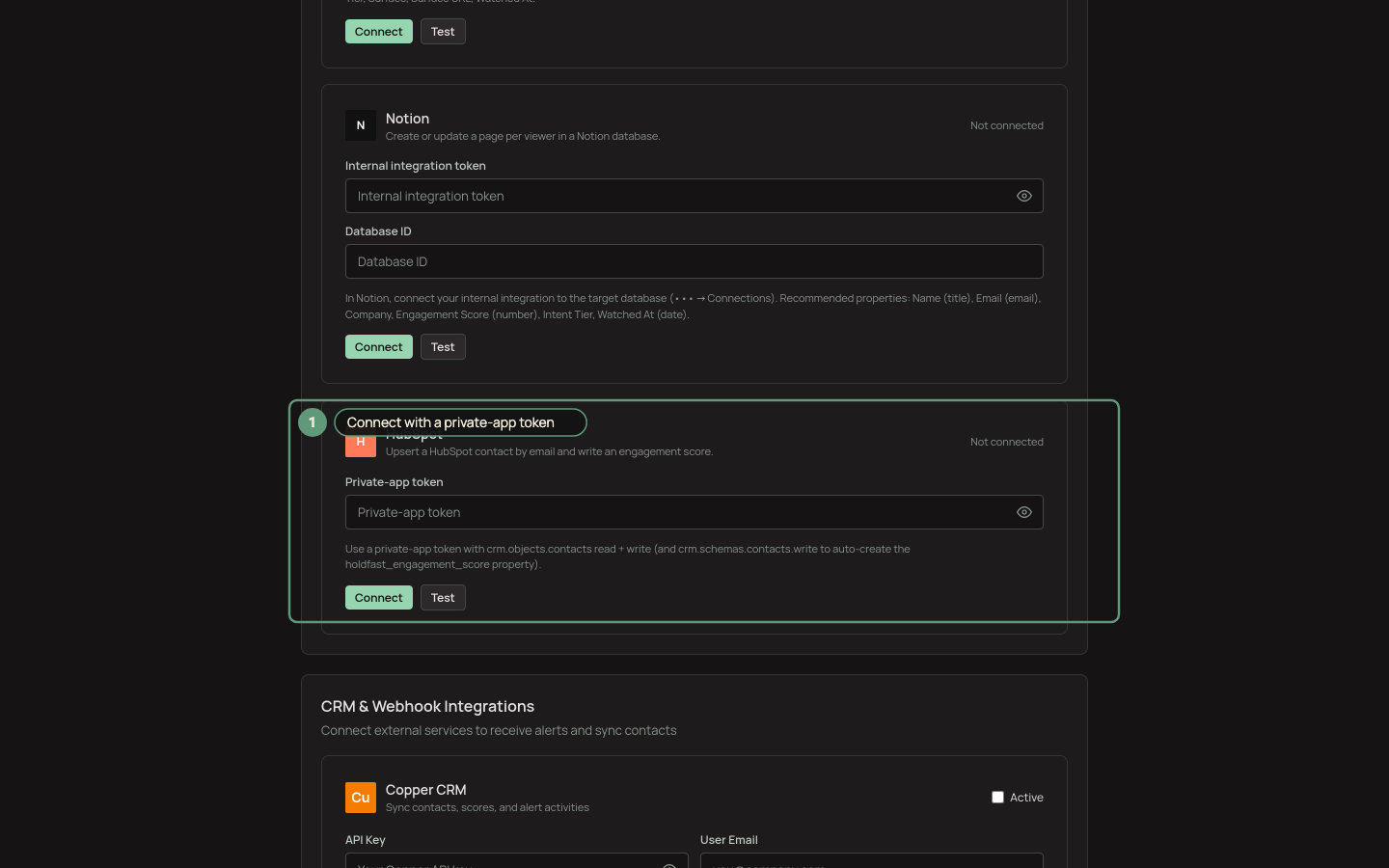 The integrations page HubSpot card with a Connect button