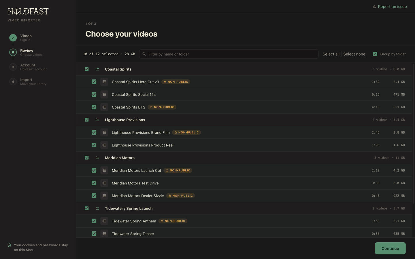 The importer library list with videos grouped by folder, real sizes, and a selection count