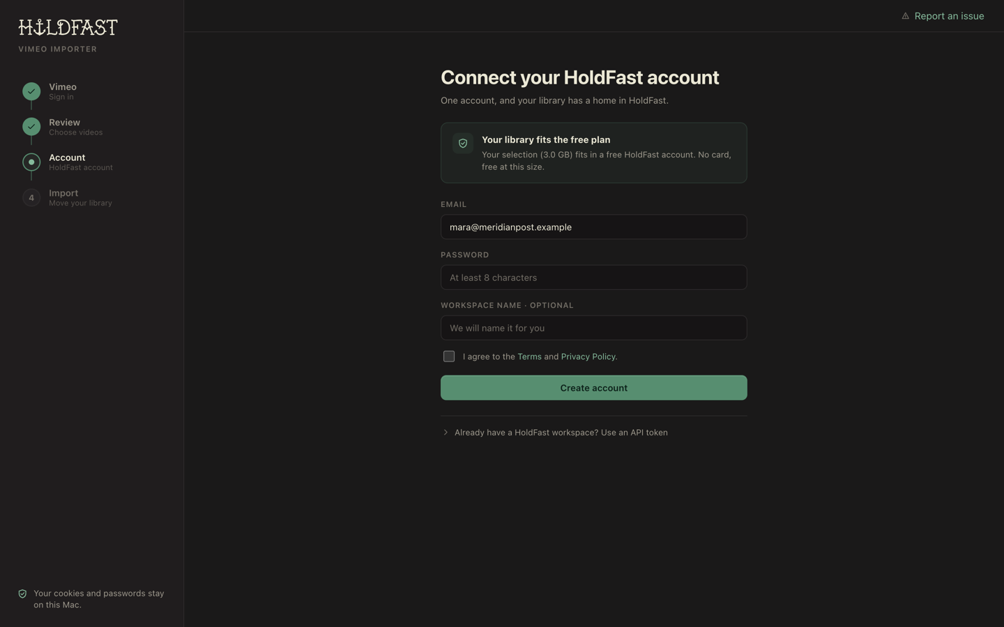 The Connect your HoldFast account step with the email sign-in and the workspace picker