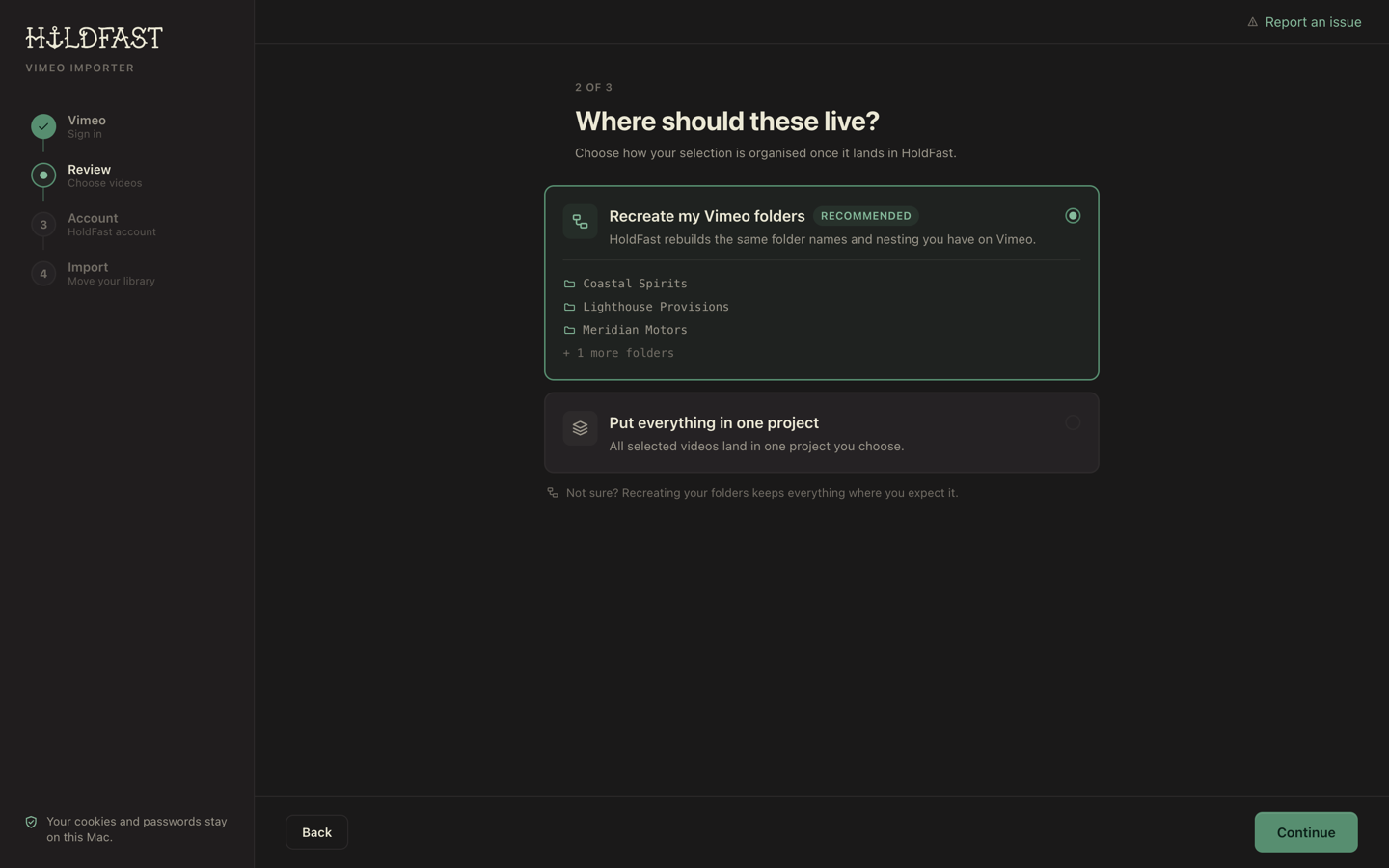The Where should these live step with Recreate my Vimeo folders and Put everything in one project, plus a folder tree preview