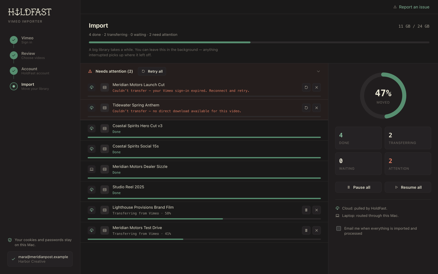 The Needs attention panel listing failed videos with a Retry button and a Retry all action
