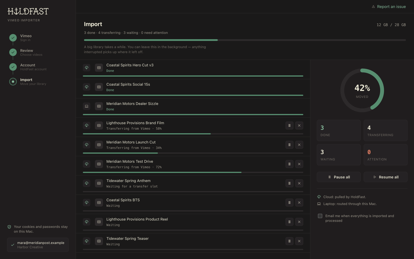 The running import with per-video progress, a completion ring, and Done, Transferring, Waiting, and Attention counts