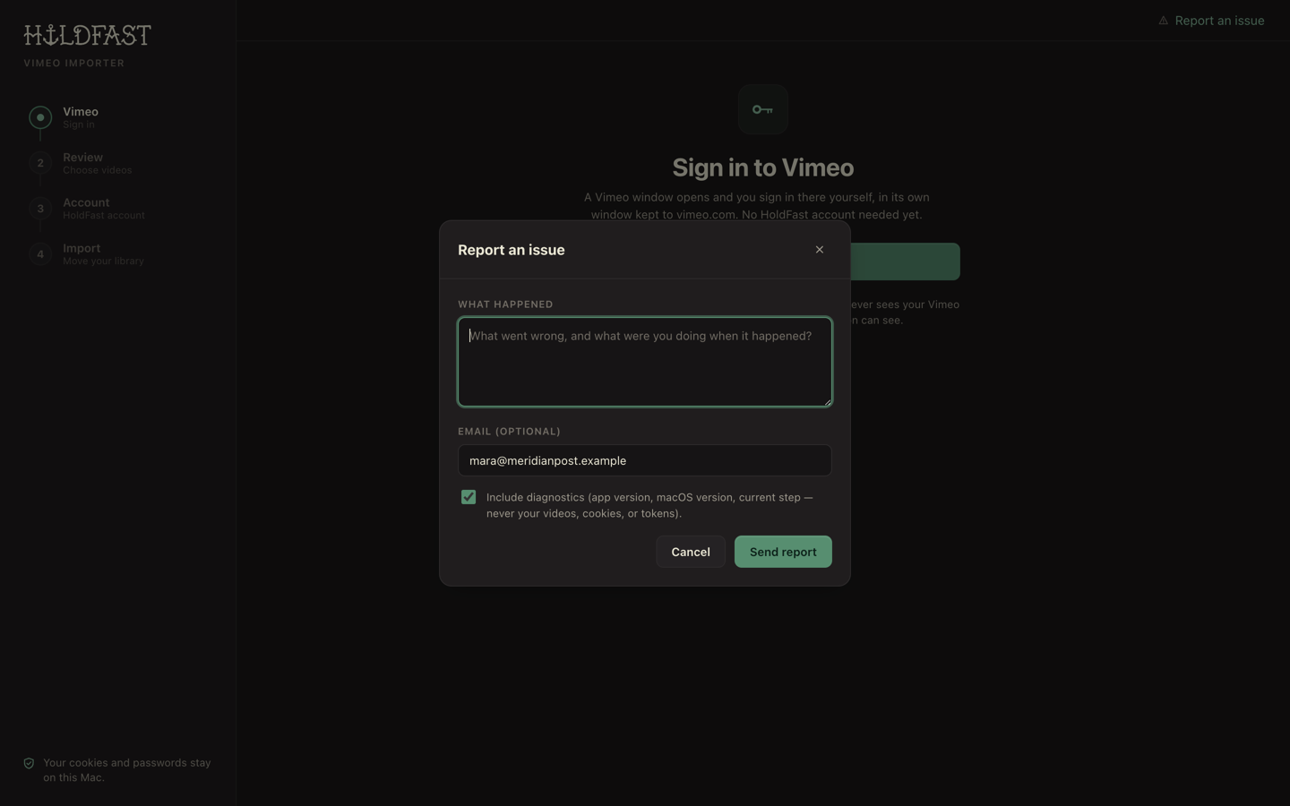 The Report an issue modal with a message box and a diagnostics checkbox