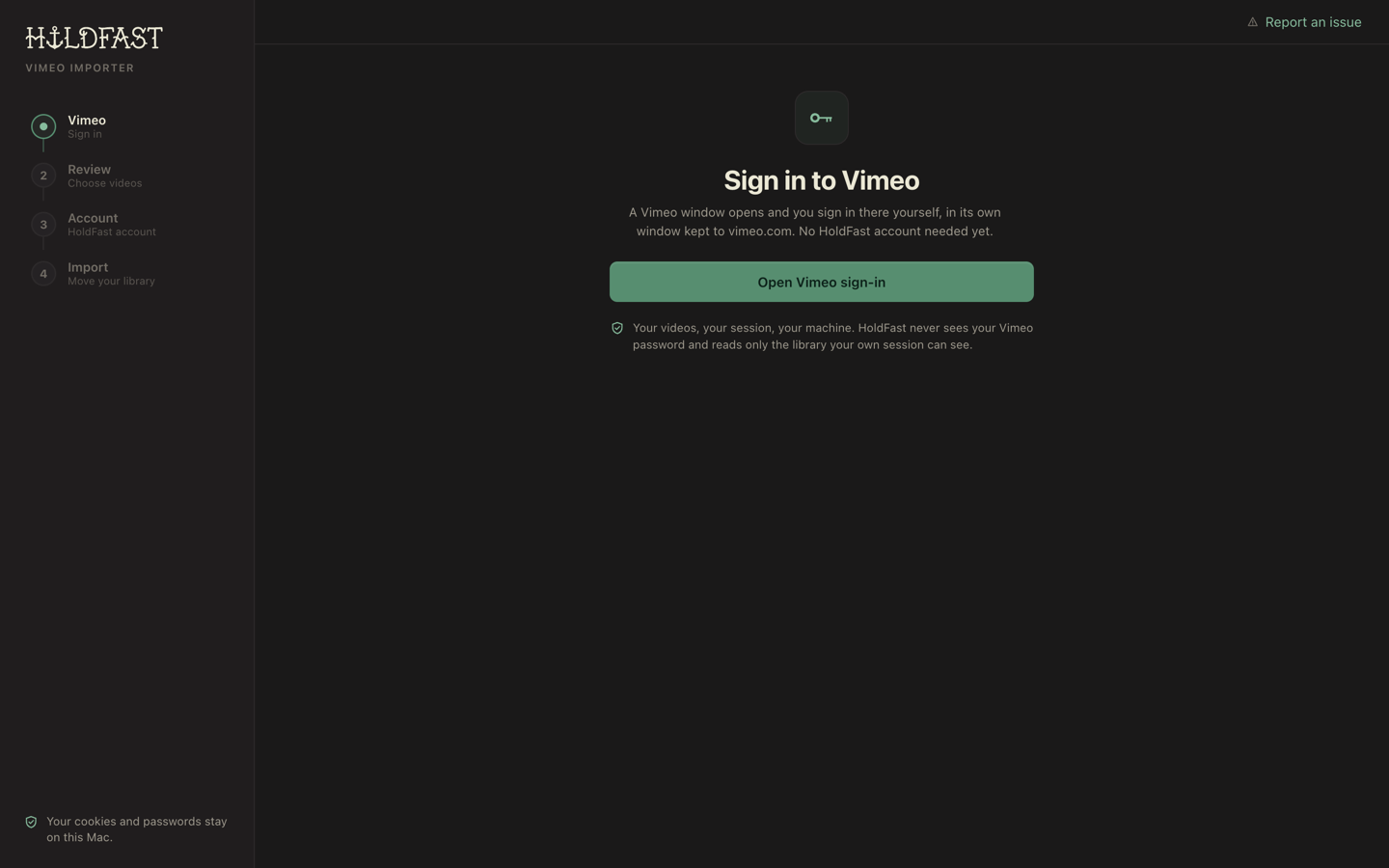The Vimeo sign-in screen in the importer with the privacy line about your session and machine