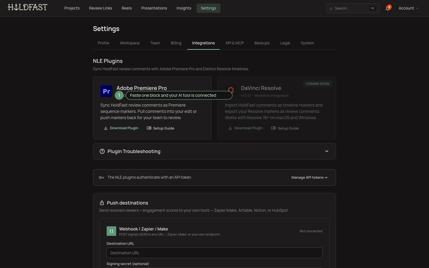 The MCP Server card in Settings → API & MCP showing the server URL and per-client setup snippets