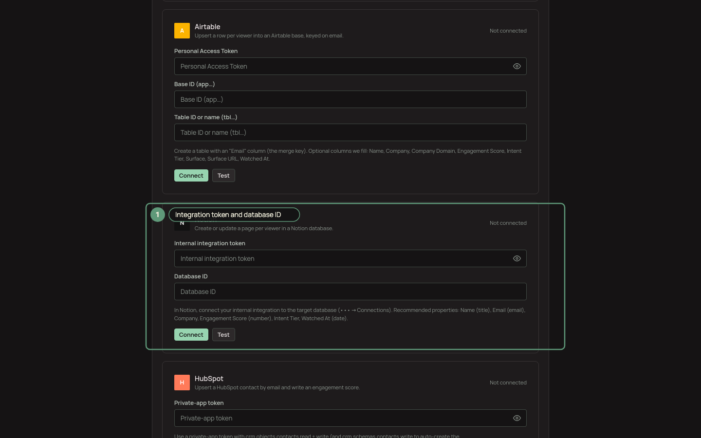 The Notion integration configuration