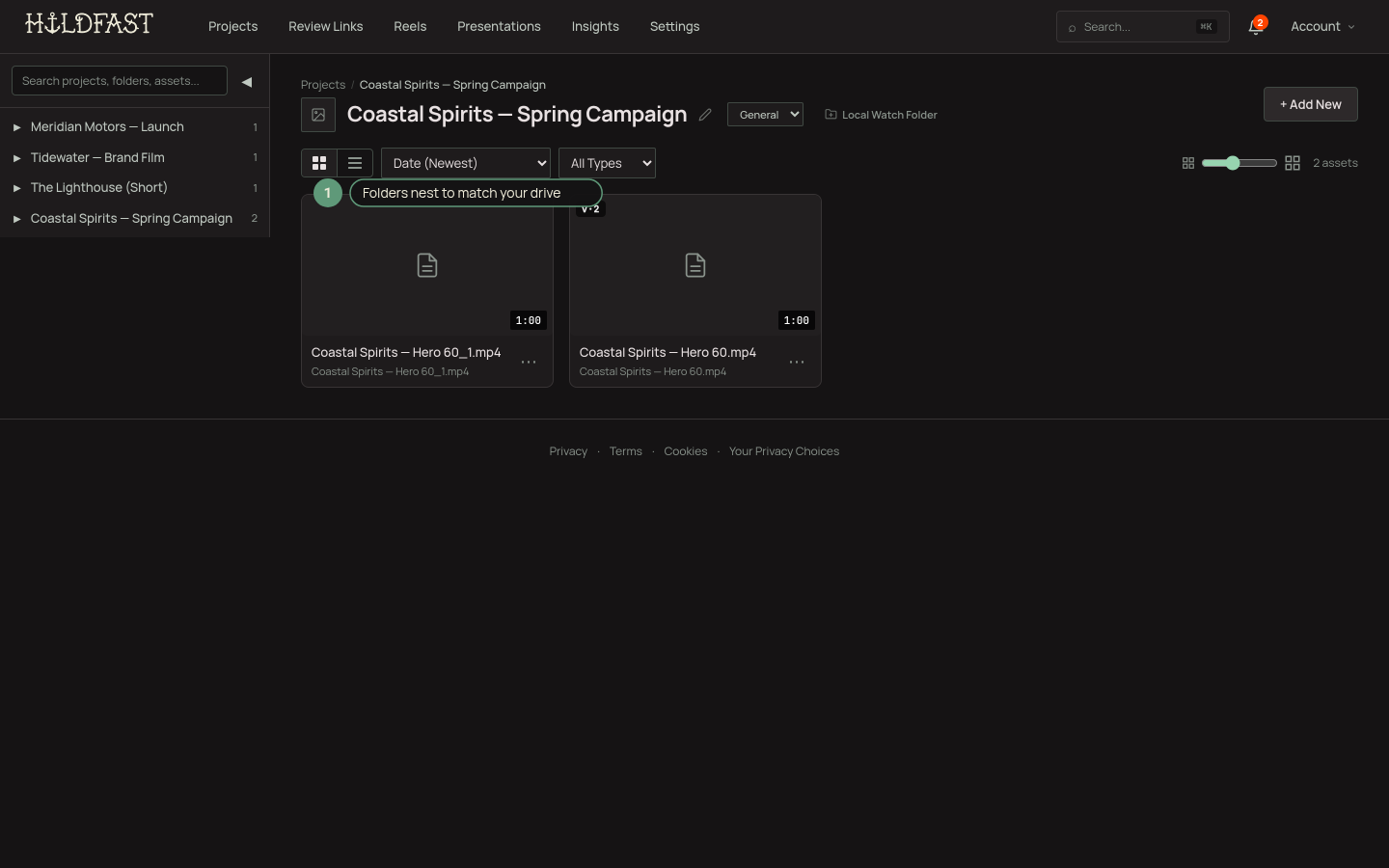 A project with nested folder cards, one folder menu open showing Rename, Delete Folder, and Delete Folder + Contents