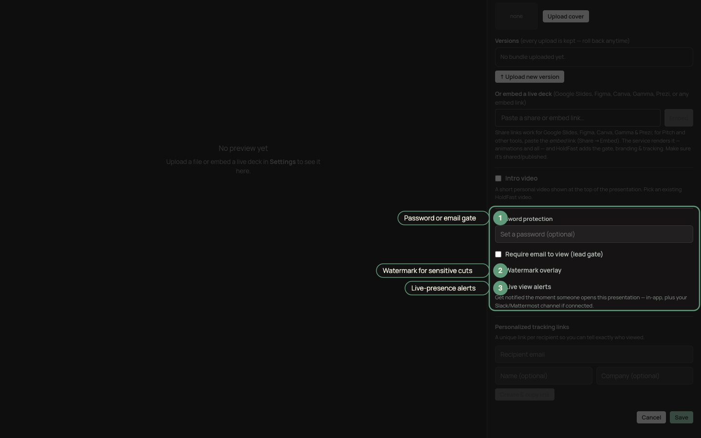 The deck settings panel with the gate, watermark, and live-alert controls highlighted