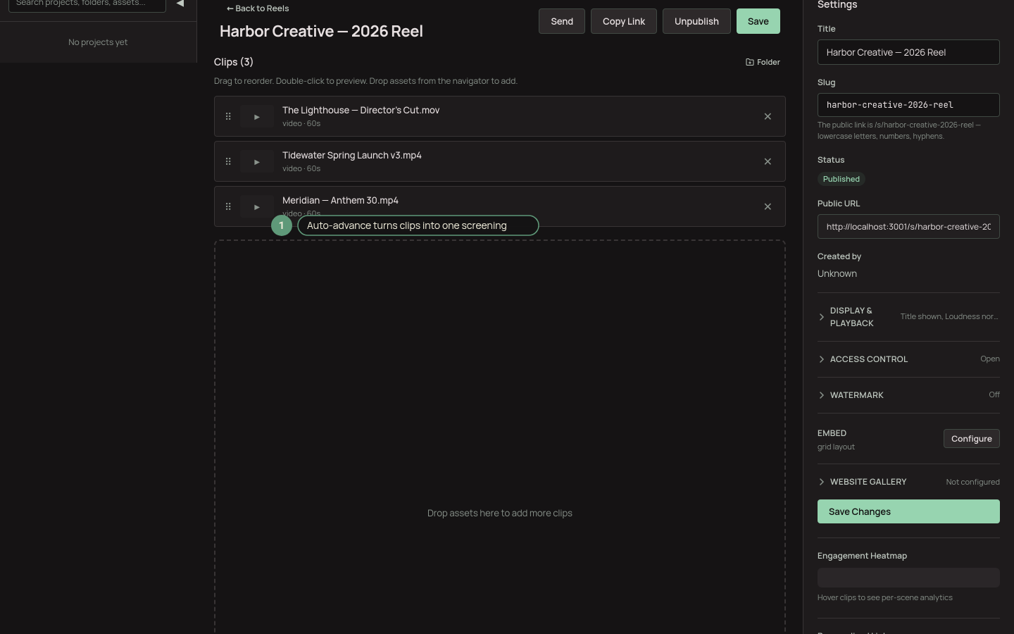 The Display & Playback section of the reel editor sidebar