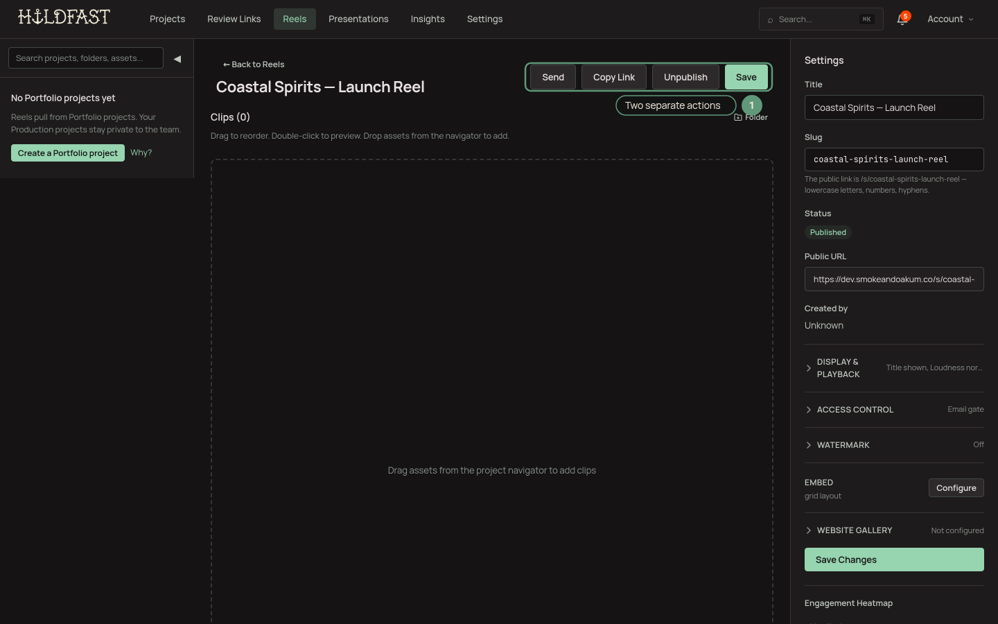The reel editor header showing the Save button next to the Publish button