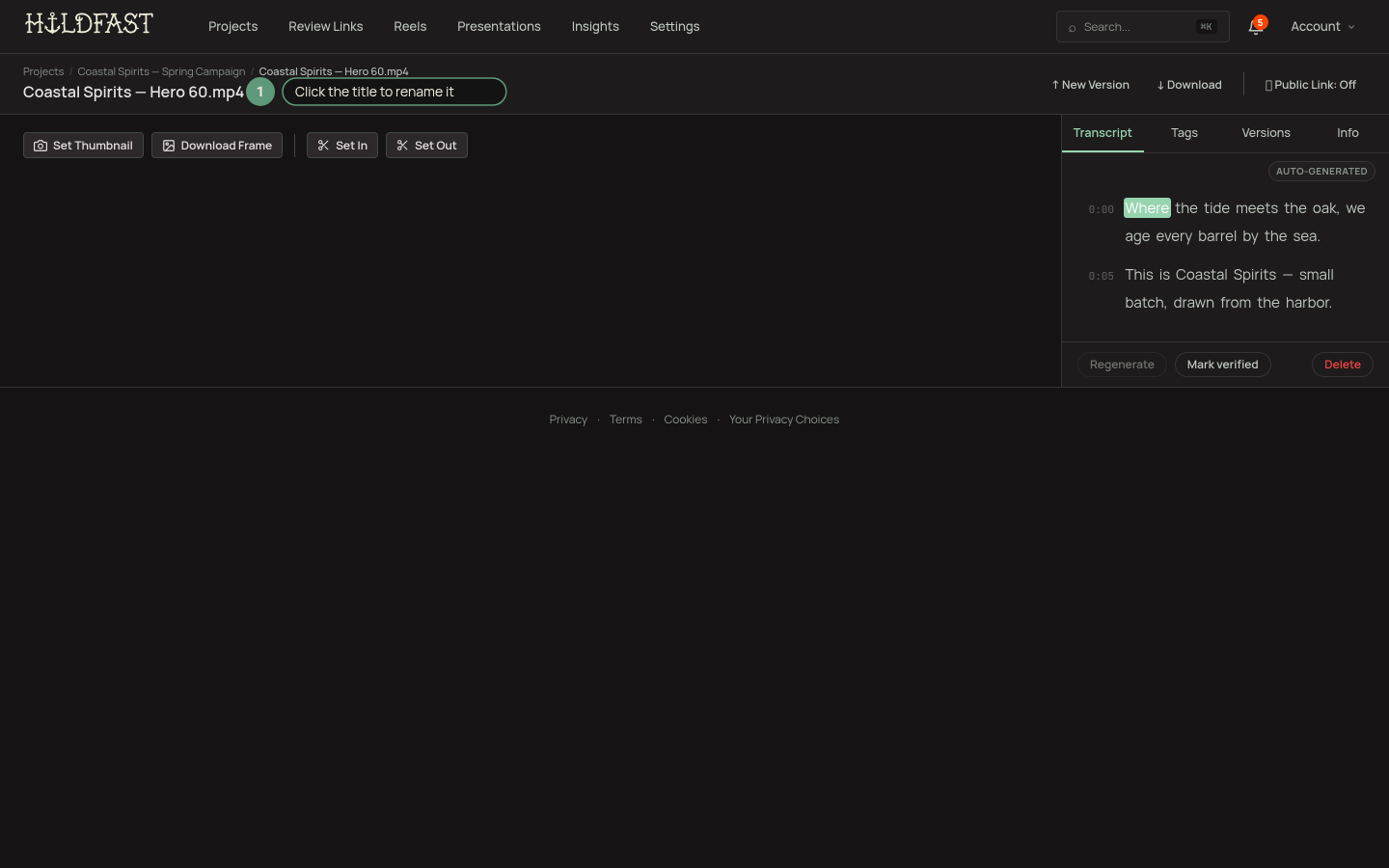 The asset review page header with the title showing a dashed underline on hover