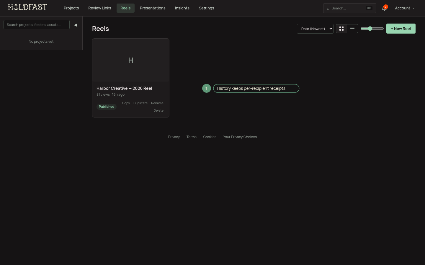 The Send modal on a reel with recipients added, a pre-filled subject line, and the History tab visible
