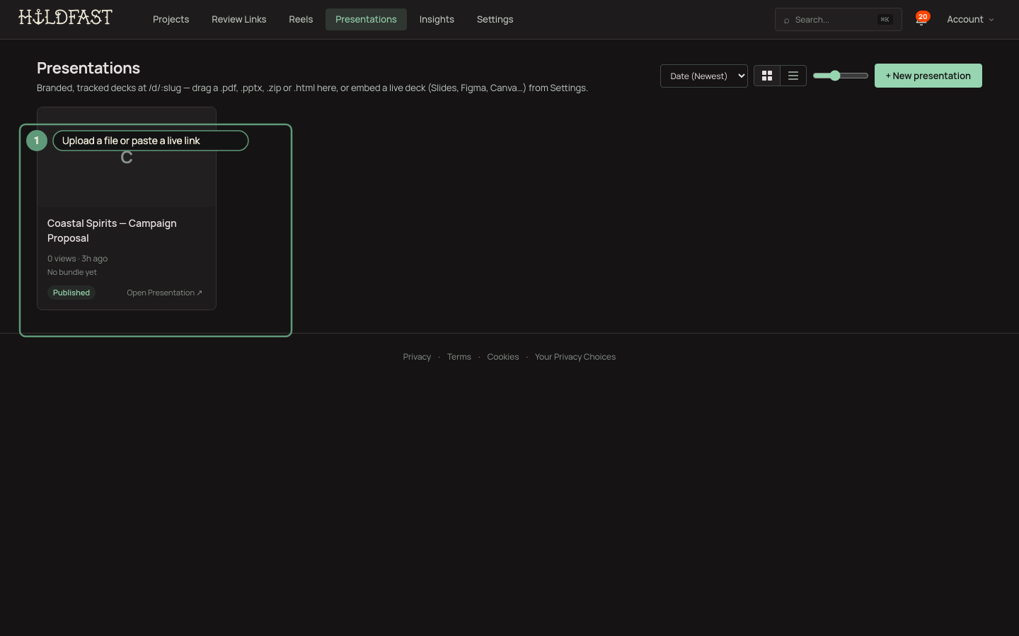 The new presentation screen with an upload area and slug field