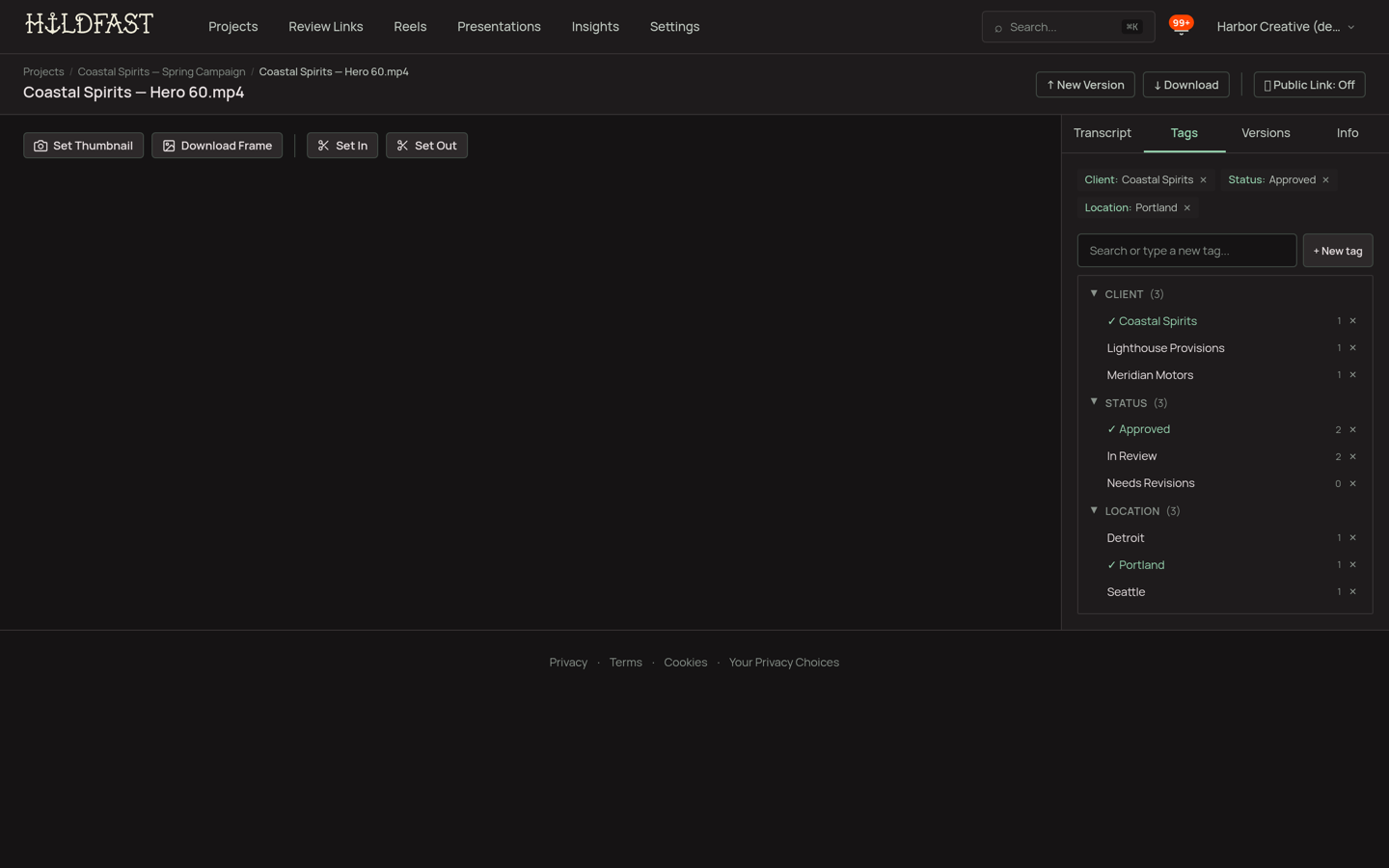The Tags tab on an asset with tag chips, a search box, and the category tree with usage counts