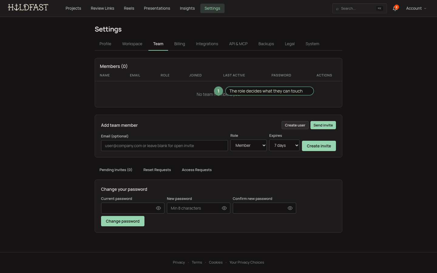 Settings Team with the Invite User dialog open: email, name, and role fields