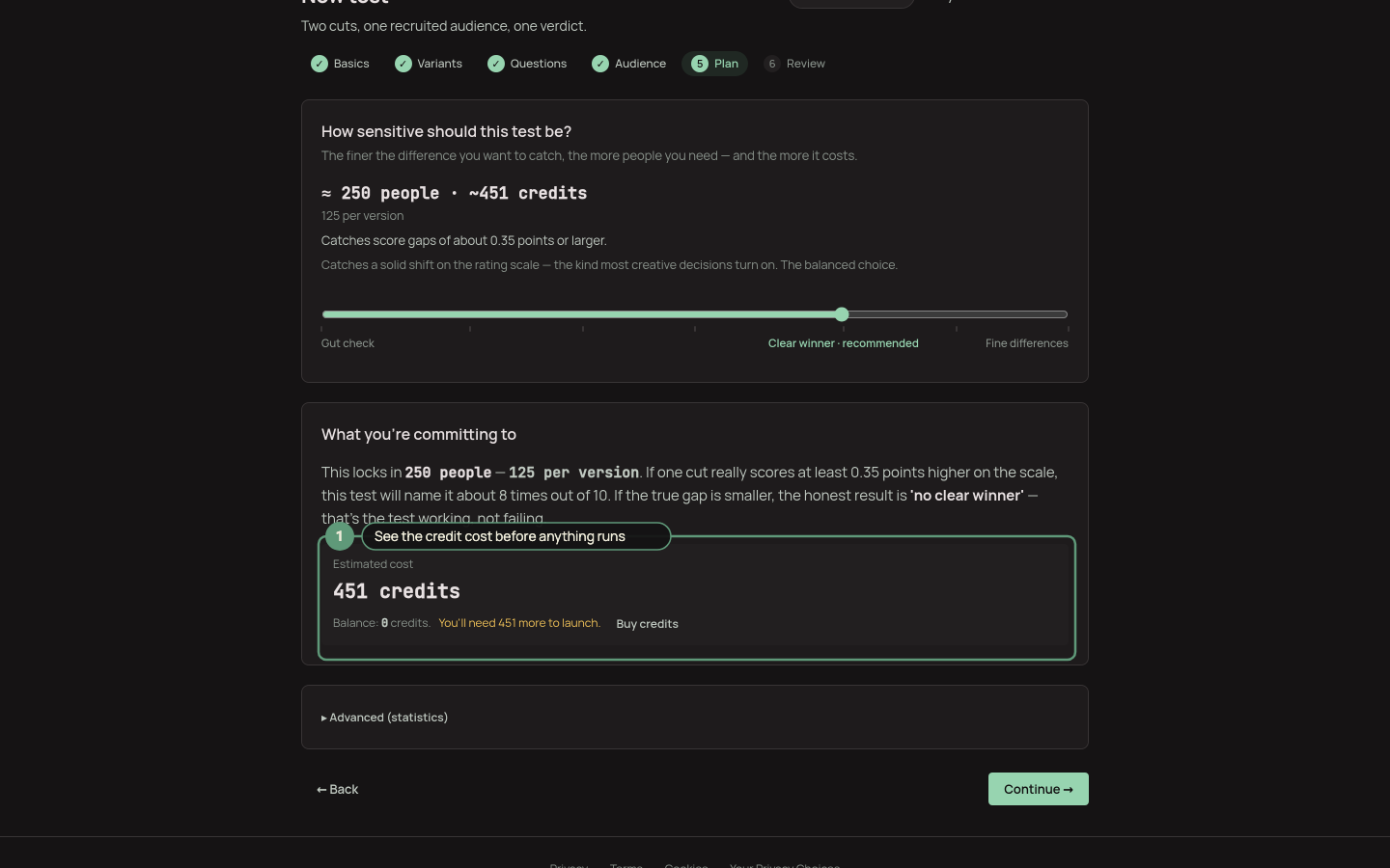 The test cost quote in the wizard showing the credit total before launch
