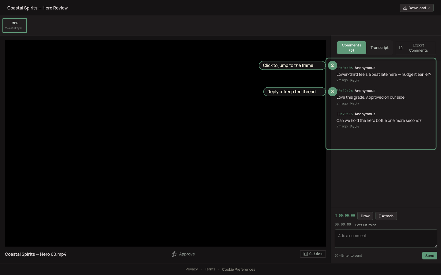 The comment list with a timeline marker, a resolve check, and a version badge