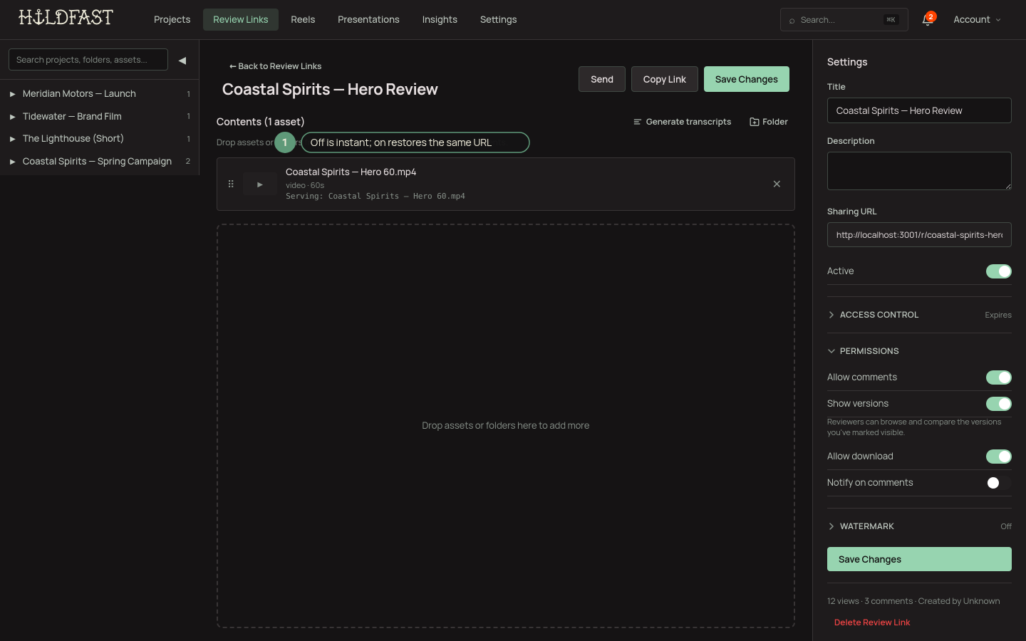 The Active toggle at the top of a review link settings panel