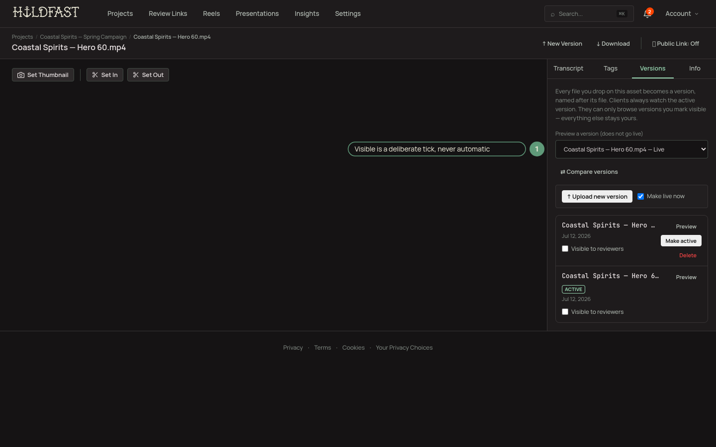Version History with the Visible to reviewers toggle being switched on for a version, and a prompt offering to also show the previous cut