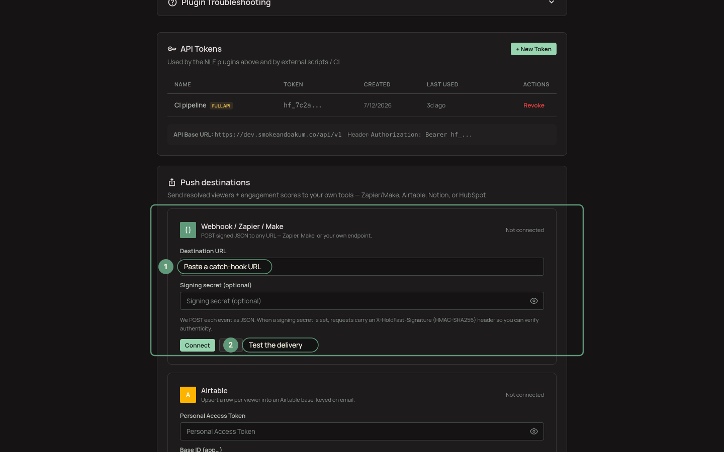 The webhook configuration with a pasted URL, event checkboxes, and a Test button